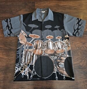 Disneyland Resort Size L Hawaiian Bowling Camp Button Down Shirt Drum Set Flames